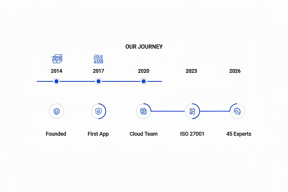 อินโฟกราฟิกไทม์ไลน์การเติบโตของบริษัทตั้งแต่ปี 2014 ถึง 2026