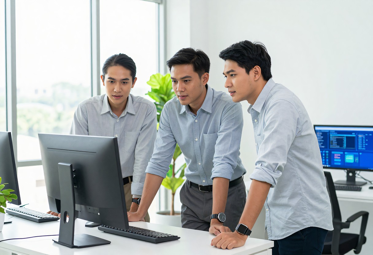 ทีมวิศวกรของ Smart Cyber Tech กำลังทำงานร่วมกันในออฟฟิศ