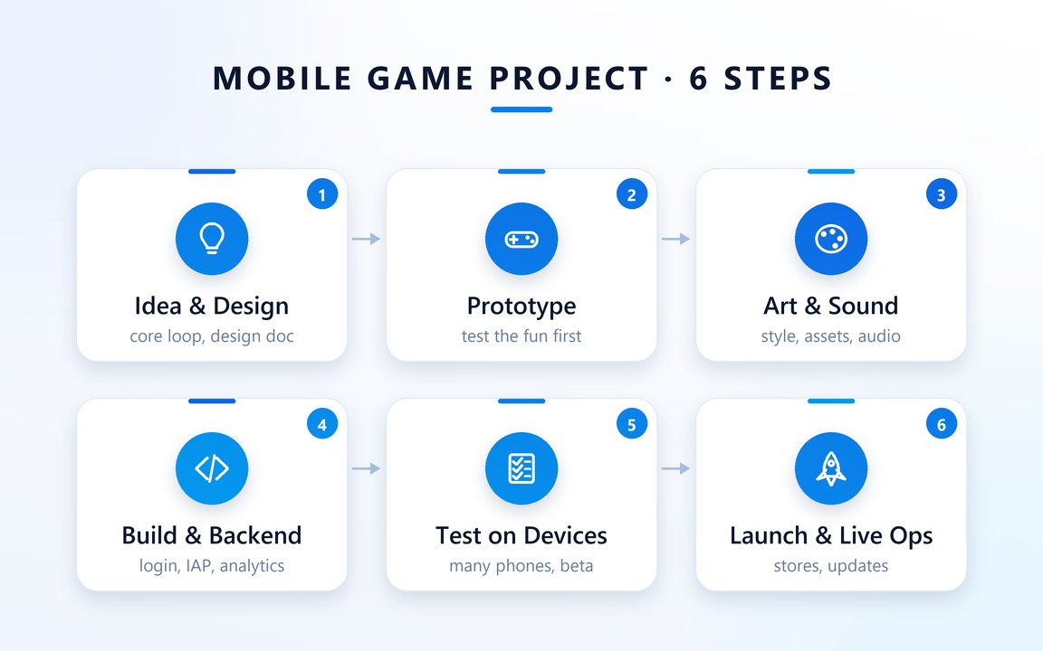 ขั้นตอนทำเกมมือถือหนึ่งเกม ตั้งแต่ไอเดียจนขึ้น App Store และ Google Play: 6 ขั้นที่ผู้จ้างควรรู้ก่อนเริ่มโครงการ