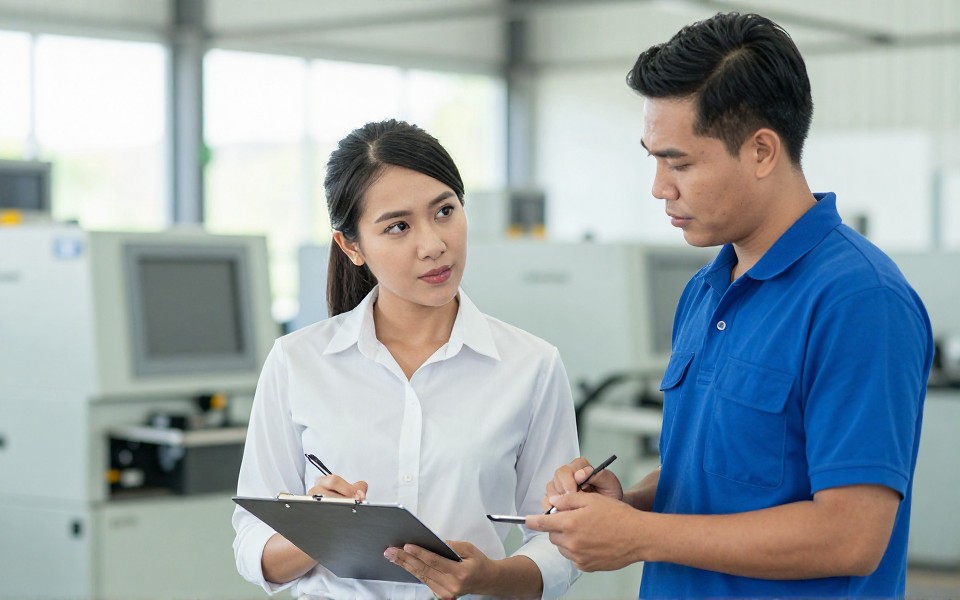 นักวิเคราะห์ระบบสอบถามขั้นตอนงานจริงจากหัวหน้าฝ่ายผลิตที่หน้างาน