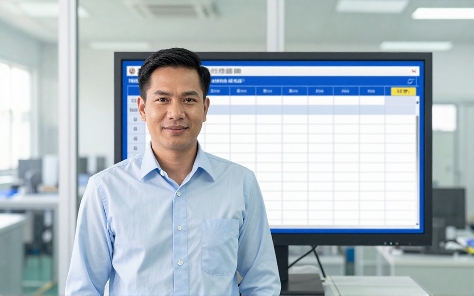 ผู้วางแผนการผลิตยืนดูตารางการผลิตบนจอในออฟฟิศโรงงาน