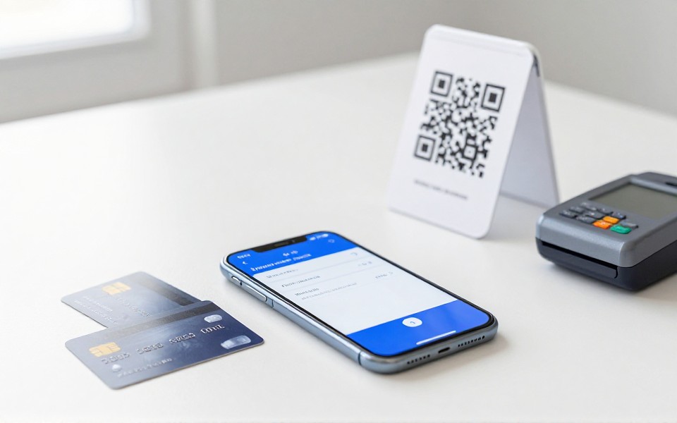 สมาร์ตโฟนแสดงหน้ายืนยันการชำระเงินวางคู่บัตรเครดิตและเครื่องรูดบัตร
