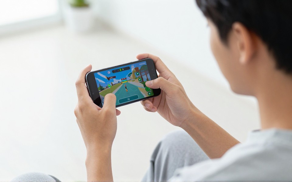 ผู้เล่นถือสมาร์ตโฟนเล่นเกมมือถือที่มีภาพสีสันสดใส