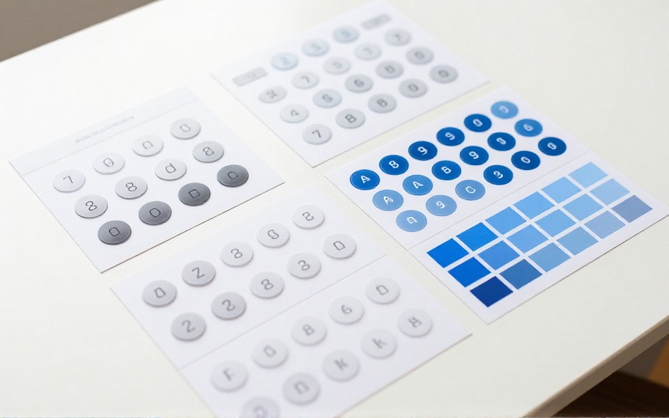 การ์ดคอมโพเนนต์ ปุ่มตัวอย่าง และแถบสี วางเรียงเป็นตารางบนโต๊ะ