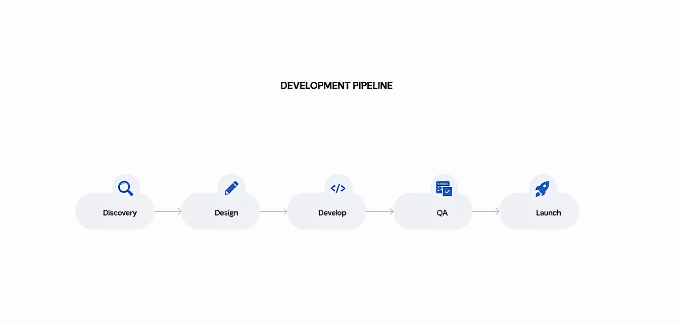 อินโฟกราฟิกสายพานพัฒนา 5 ขั้น: Discovery, Design, Develop, QA และ Launch