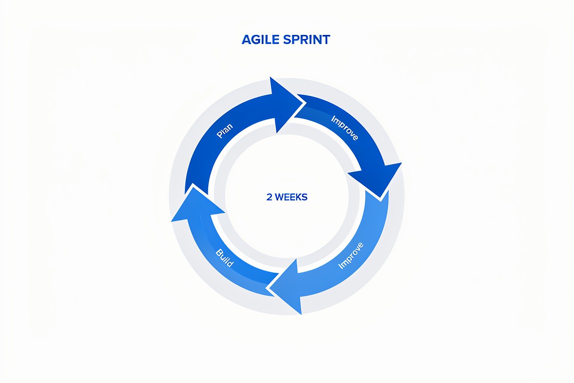 อินโฟกราฟิกวงจร Agile Sprint 2 สัปดาห์: Plan, Build, Review, Improve