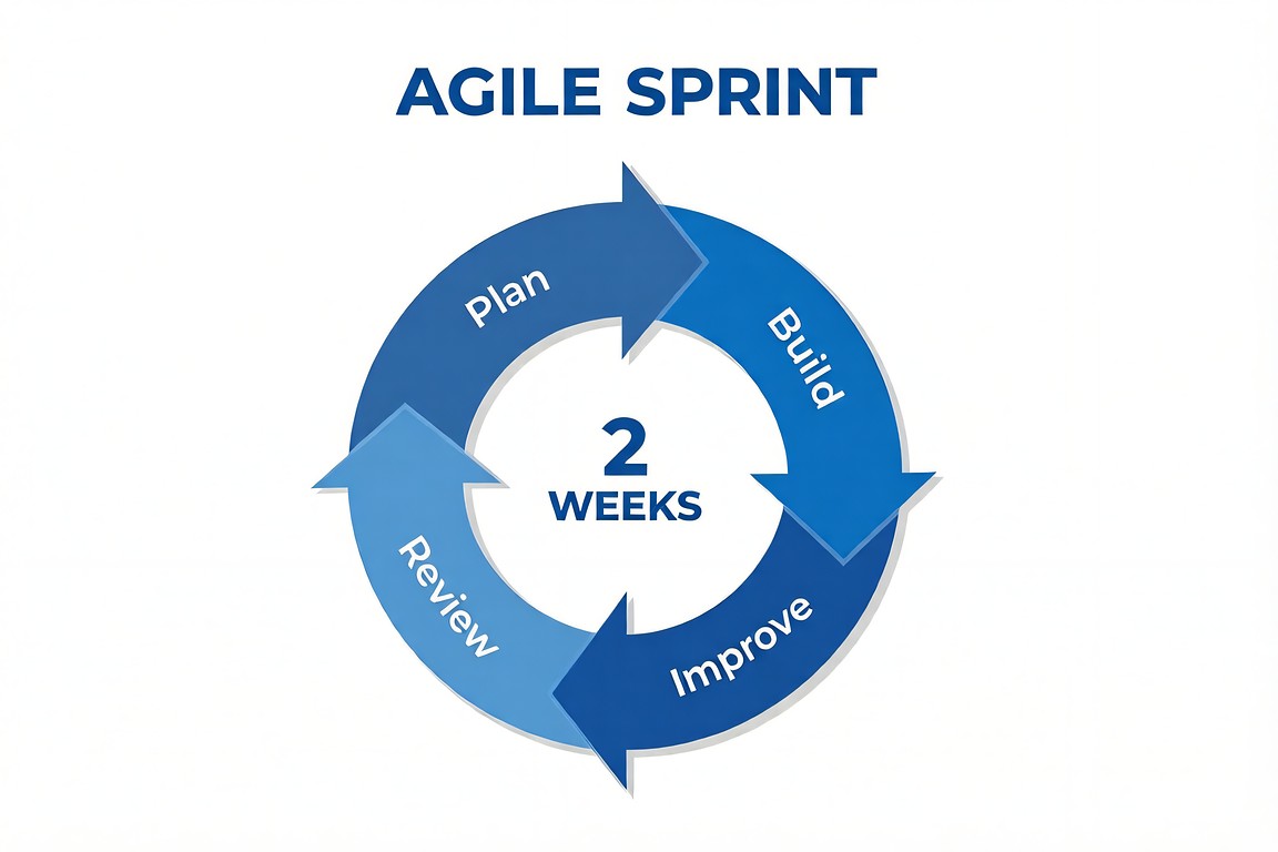 อินโฟกราฟิกวงจร Agile Sprint 2 สัปดาห์: Plan, Build, Review, Improve