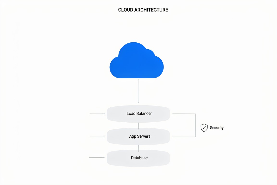 อินโฟกราฟิกสถาปัตยกรรมคลาวด์: Load Balancer, App Servers และ Database