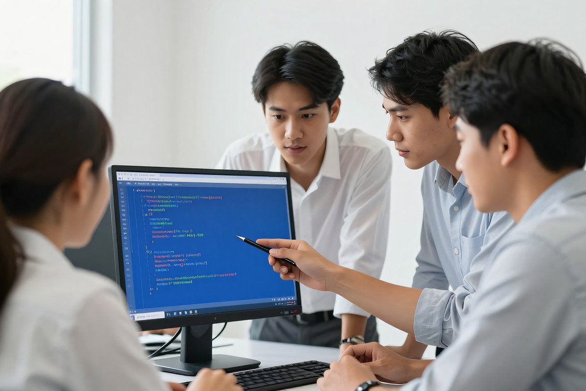 ทีมวิศวกรรีวิวโค้ดร่วมกันหน้าจอเดียวในออฟฟิศ