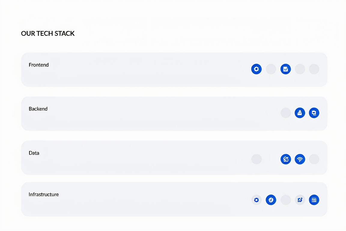 อินโฟกราฟิกชั้นเทคโนโลยี: Frontend, Backend, Data และ Infrastructure