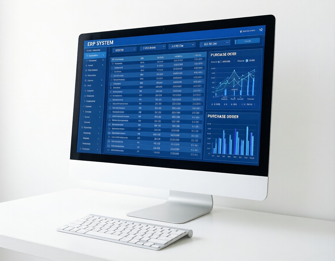 จอคอมพิวเตอร์แสดงแดชบอร์ดระบบ ERP พร้อมตารางสต็อกและกราฟวิเคราะห์